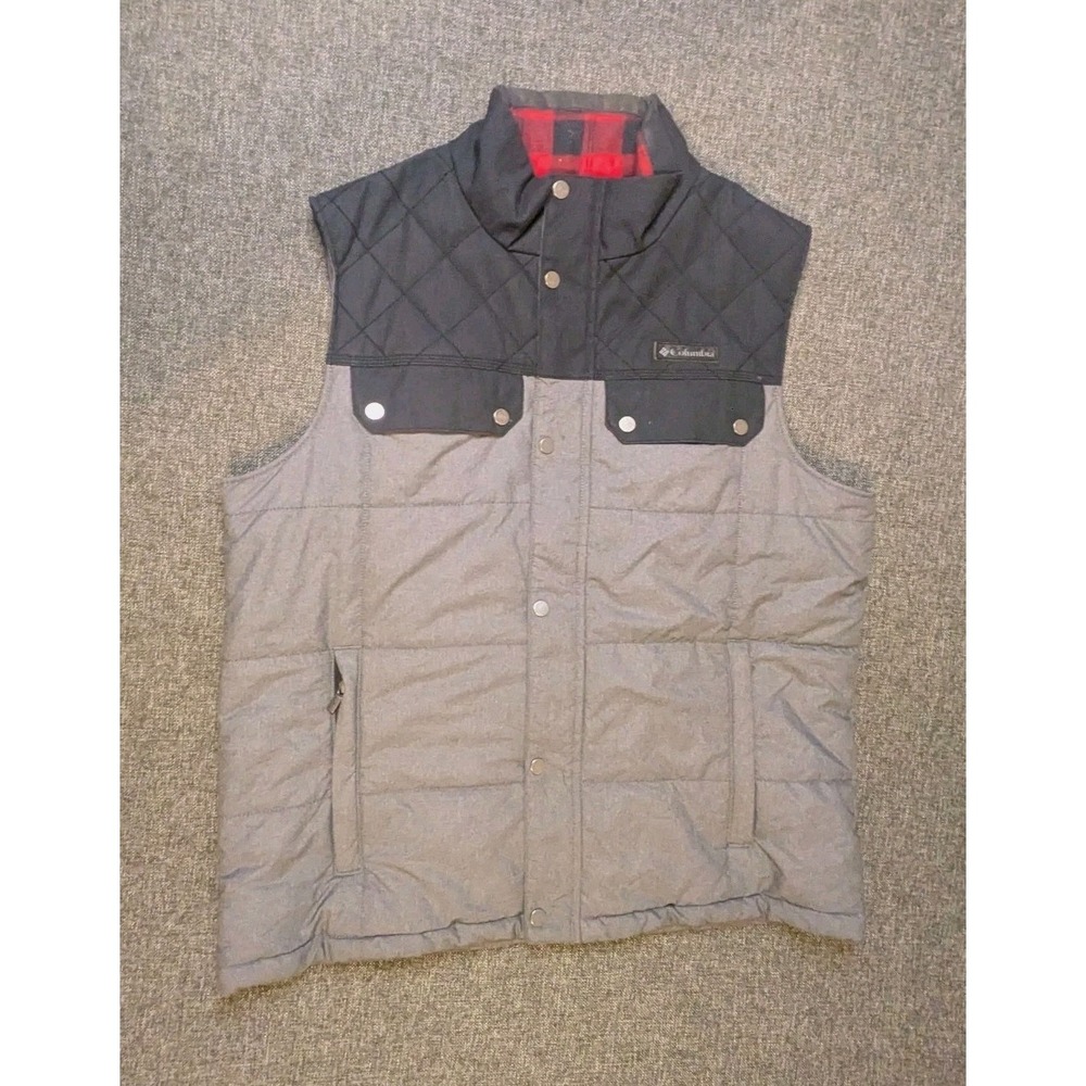 Columbia Ridge Stone Vest Mens Large Gray Plaid Lined Protection Utility Fish